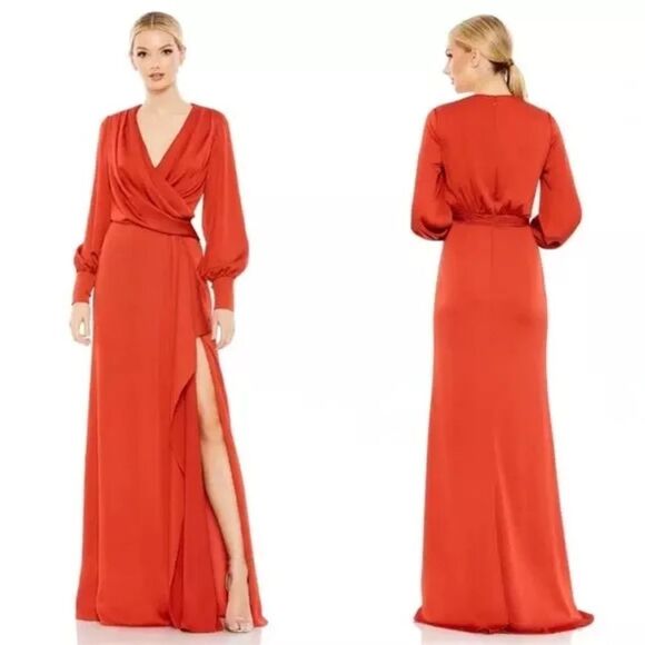 NWT Mac Duggal 26895 Draped Bishop Sleeve Charmeuse Gown Brick size 6